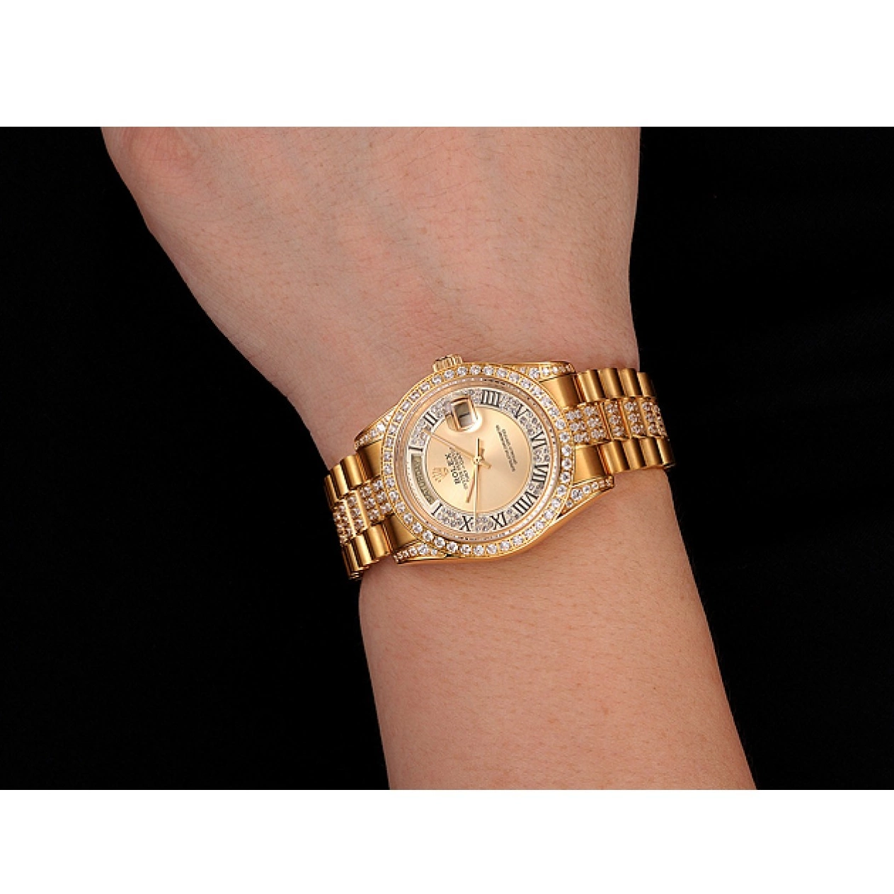 AAA Replica Watches Pave Dial Rolex Diamond Gold 1453954 Diamond Gold Swiss Day-Date Bracelet 0723